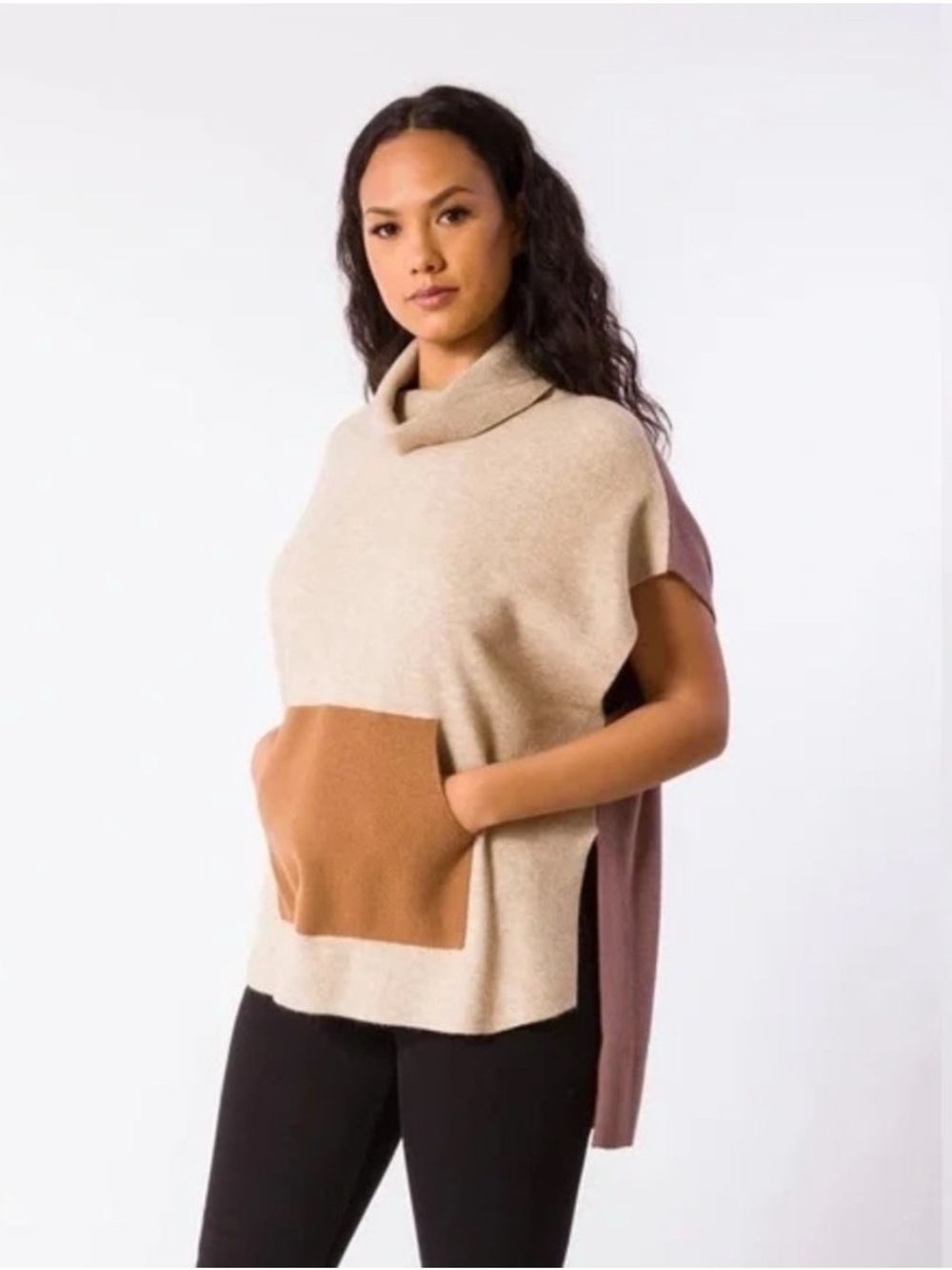 Kerisma Kanga Poncho Colorblock Cozy Poncho Sweater - Beige, Tan & Mauve OneSize